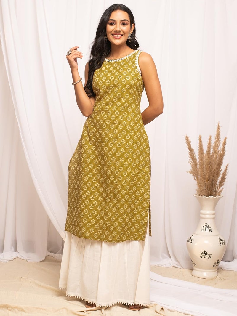 FIORRA Women's Floral Printed Yellow Cotton Straight Kurta FAR0109 - Image 5