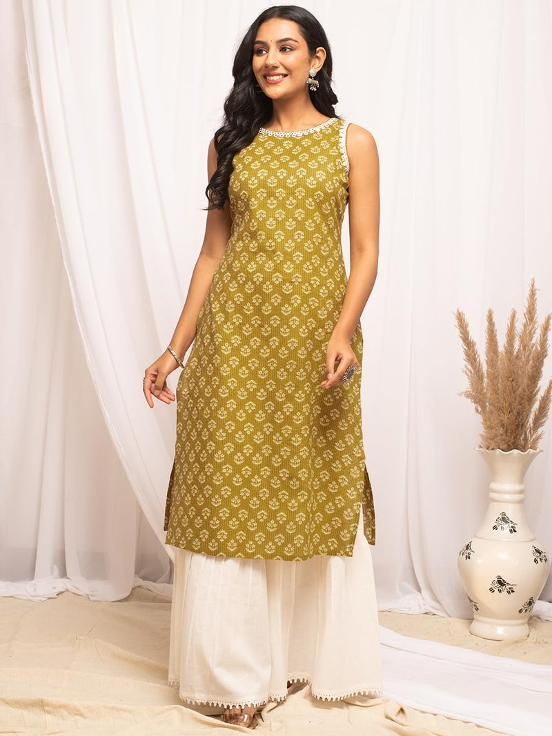 FIORRA Women's Floral Printed Yellow Cotton Straight Kurta FAR0109 - Image 4