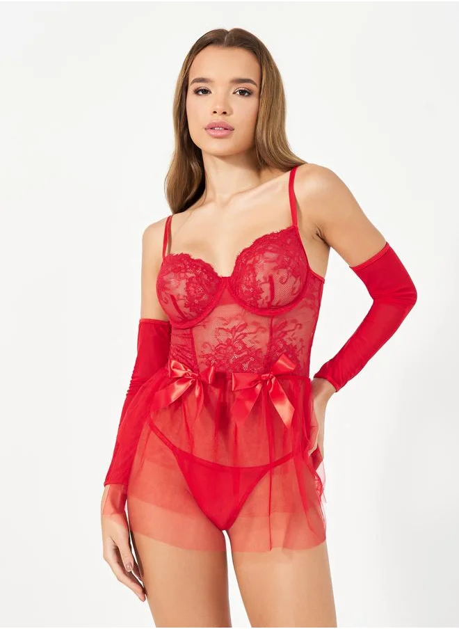 Styli Styli Pack of 3 - Underwired Lace Mesh Satin Bow Babydoll, Thong and Sleeves