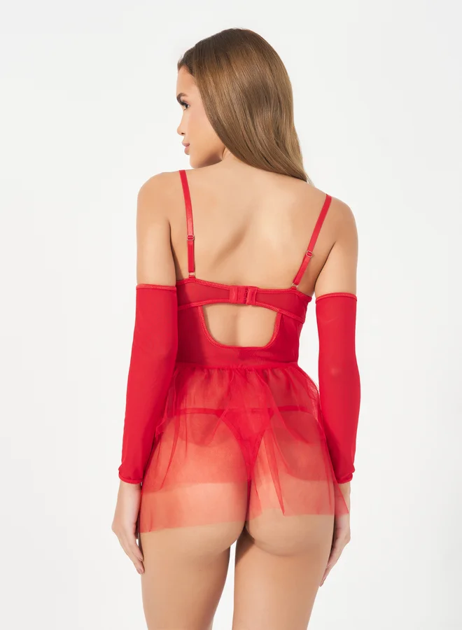 Styli Styli Pack of 3 - Underwired Lace Mesh Satin Bow Babydoll, Thong and Sleeves
