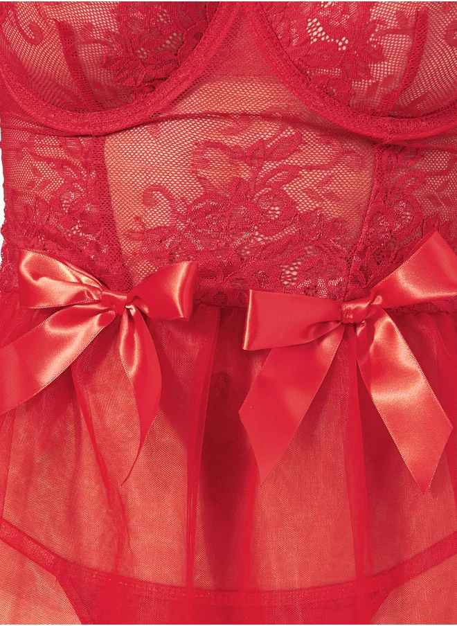 Styli Styli Pack of 3 - Underwired Lace Mesh Satin Bow Babydoll, Thong and Sleeves