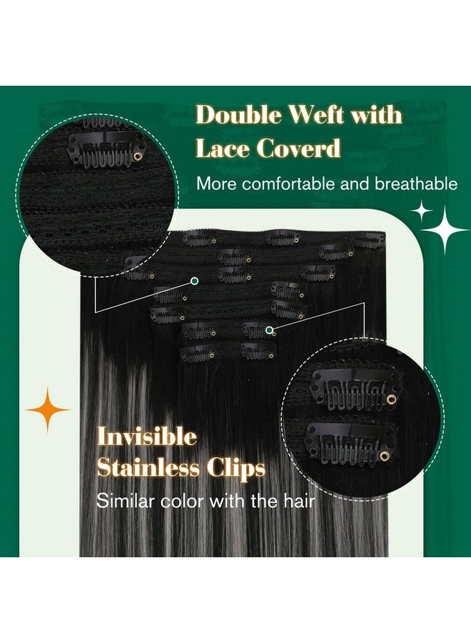 Easyouth Ombre Clip In Hair Extensions Real Human Hair Ombre Black To Silver Grey Balayage Clip In Human Hair Extensions Ombre Clip In Hair Extensions Thick End 18Inch 120G/7Pcs - Image 2