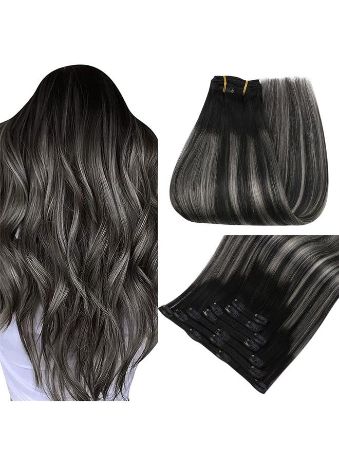 Easyouth Ombre Clip In Hair Extensions Real Human Hair Ombre Black To Silver Grey Balayage Clip In Human Hair Extensions Ombre Clip In Hair Extensions Thick End 18Inch 120G/7Pcs - Image 1