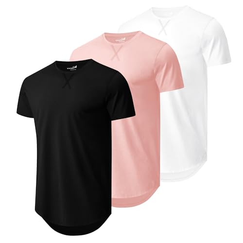 TEZO Mens 3 Pack Plain Cotton Shirts Short Sleeve Casual Crew Neck T-Shirts Hipster Hip Hop Longline Tees Shirts Drop Cut Curved Hem Shirt (BKWTPK L) - Image 1