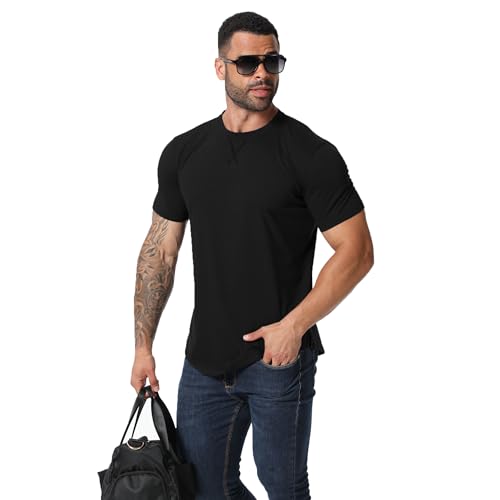 TEZO Mens 3 Pack Plain Cotton Shirts Short Sleeve Casual Crew Neck T-Shirts Hipster Hip Hop Longline Tees Shirts Drop Cut Curved Hem Shirt (BKWTPK L) - Image 5