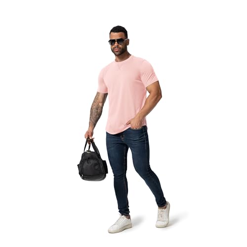 TEZO Mens 3 Pack Plain Cotton Shirts Short Sleeve Casual Crew Neck T-Shirts Hipster Hip Hop Longline Tees Shirts Drop Cut Curved Hem Shirt (BKWTPK L) - Image 4