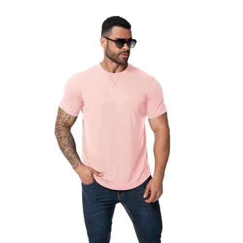 TEZO Mens 3 Pack Plain Cotton Shirts Short Sleeve Casual Crew Neck T-Shirts Hipster Hip Hop Longline Tees Shirts Drop Cut Curved Hem Shirt (BKWTPK L) - Image 3