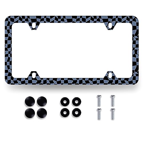 MUAWUOIK Blue and Black Checkerboard License Plate Frame Colorful Checkered Mosaic Elements License Plate Personalise Stainless Steel Auto Parts Funny License Plate Decoration Screws123 x63 - Image 1