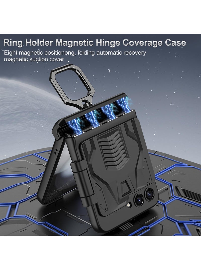 KASTWAVE جراب Samsung Galaxy Z Flip 5 مع حامل حلقي وغطاء مفصلي وواقي شاشة مغناطيسي قلاب وعدسة كاميرا ومضاد للصدمات جراب شامل لهاتف Z Flip 5 5G (أسود) - Image 4