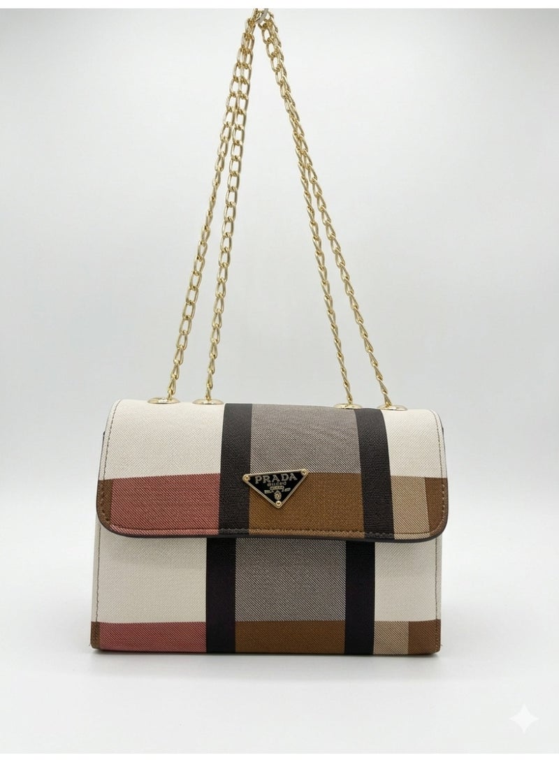 Women's Leather Plaid Bag Gold Chain Shoulder Bag Stylish Multicolor (Dark Beige)