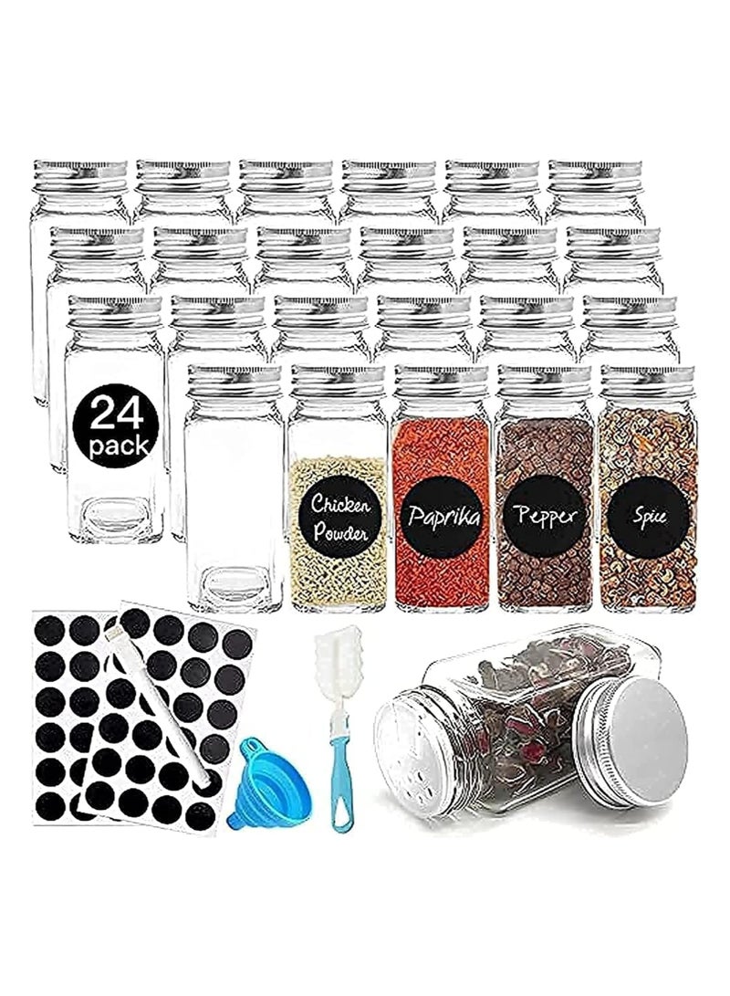 BLOOMING TIME 24 Pcs Glass Spice Jars, 120ml Empty Square Spice Containers with Spice Labels, Shaker Lids and Airtight Metal Caps, Silicone Collapsible Funnel, SpongeBrush Included  - Image 1