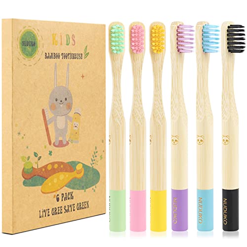 NUDUKO Bamboo Kids Toothbrushes (6 Pack) - Soft Bristle Organic Compostable BPA Free Toothbrush for Kids Toddler Baby Tooth Brush, Eco Friendly Natural Biodegradable Wooden Toothbrush - Round Handle - Image 1
