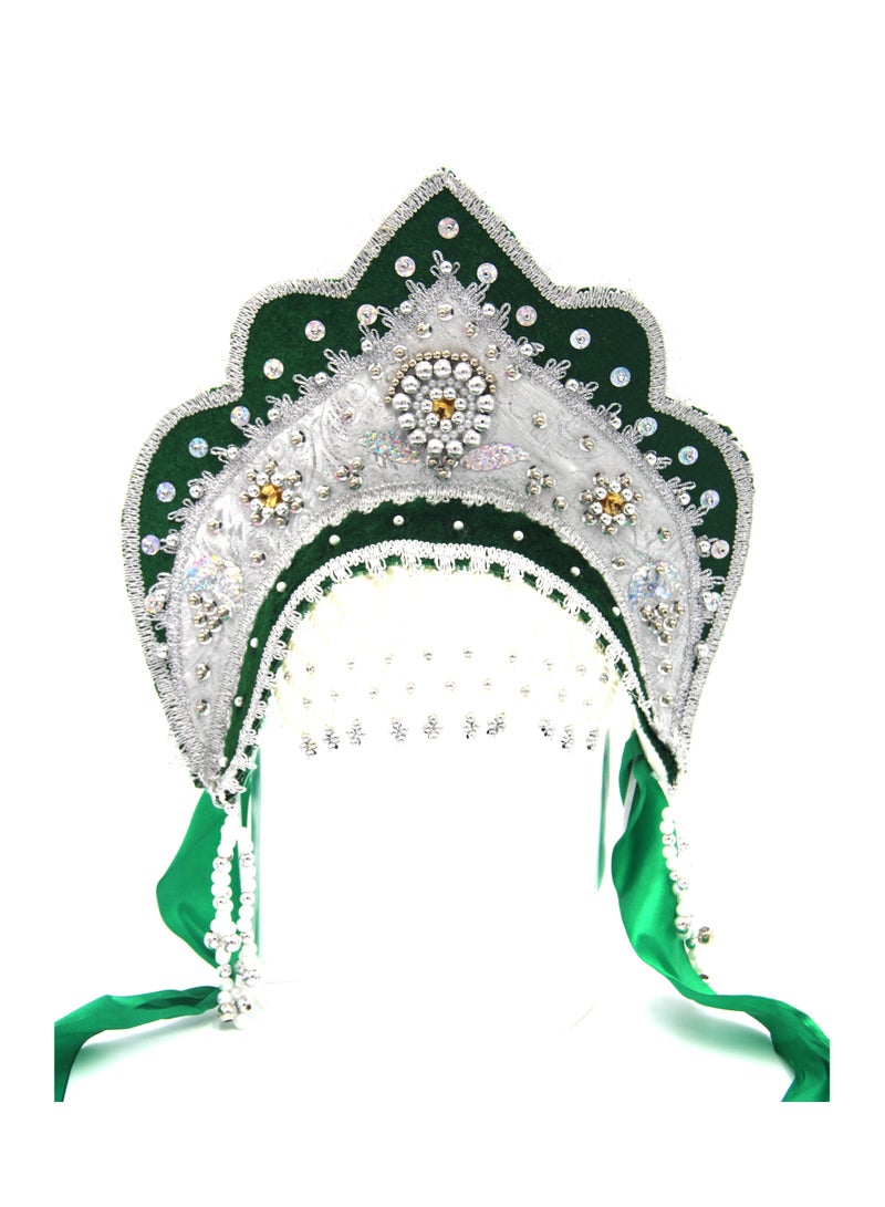 D'Daniela D' Daniela - Women's Traditional Headdress Kokoshnik - Green and White with Silver Stones - Image 1