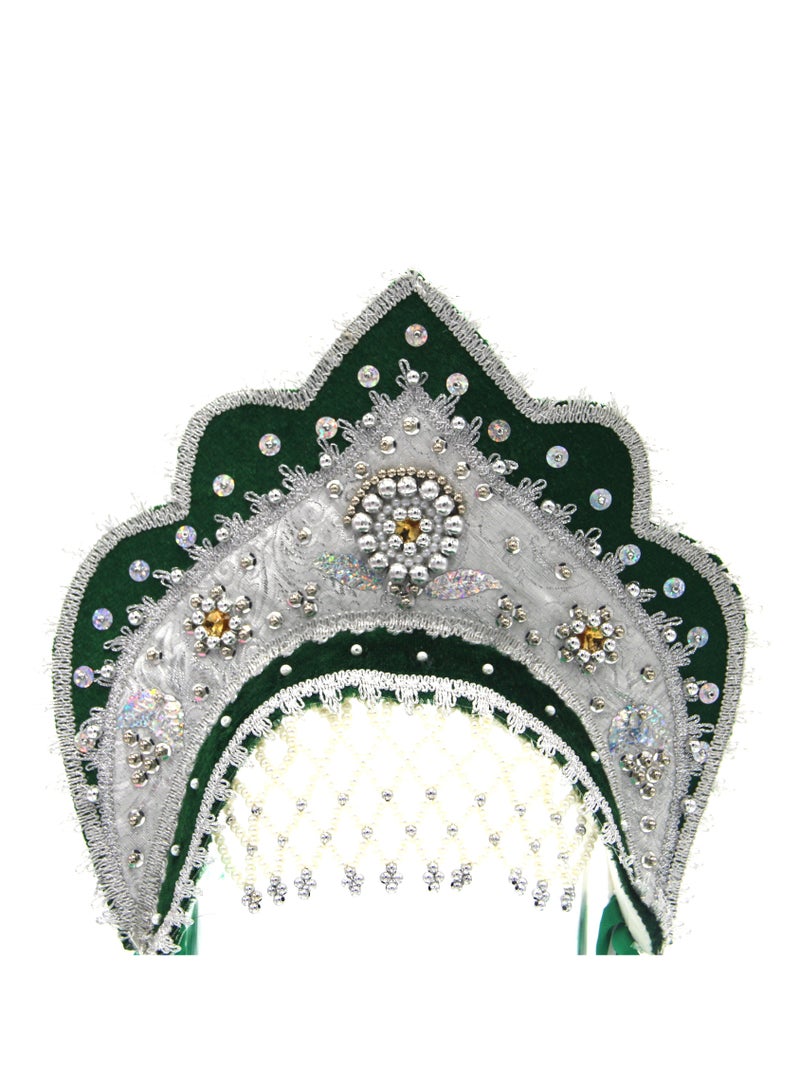 D'Daniela D' Daniela - Women's Traditional Headdress Kokoshnik - Green and White with Silver Stones - Image 3