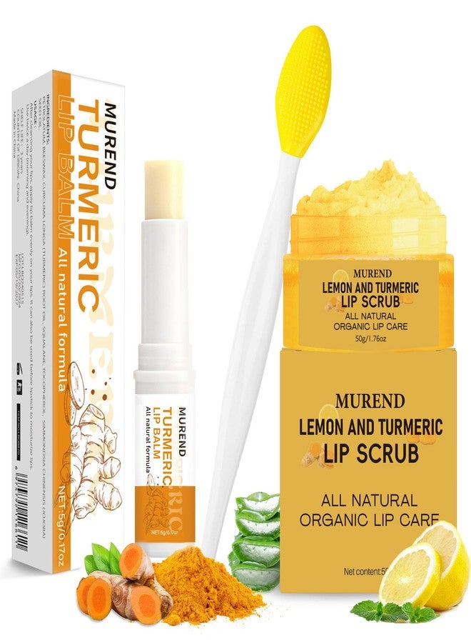 MUREND 3PCS Turmeric Lemon Lip scrub and Turmeric Lip Balm with Brush Set, Lip Scrubber Exfoliator, Dark Lips Treatment for Smokers, Natural Exfoliator & Moisturizer Cracked, Dull, Reduce Fine Lines Lips - Image 1