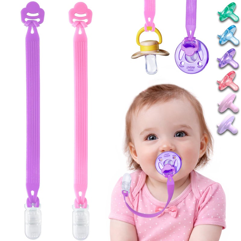 Qunland Silicone Pacifier Clip with Adapter Ring for Philips Avent Soothie, 2 Pack One-Piece Soft Binky Clips Holder for Baby Girls Boys, Anti-Loss Paci Clips for Baby Shower Newborn Essentials,Pink Purple - Image 1