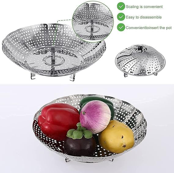 Nityasiddh Stainless Steel Vegetable Fruit Steamer Punching Food Drain Bowl Basket Drain Bowl Basket For Vegetable Cooking Fish Momos Etc Expandable Collapsible Drainer Fit Various Size Pot - Image 4