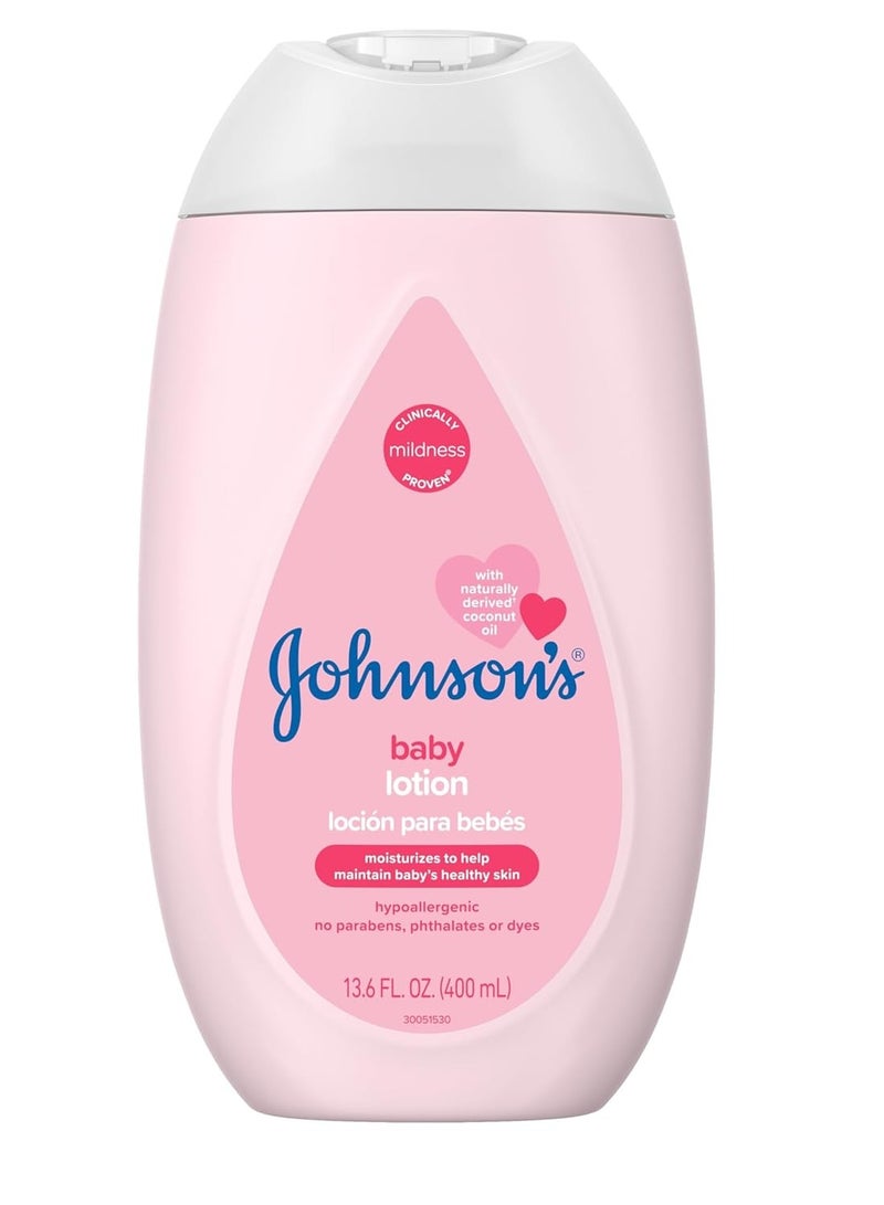 Johnson's Baby Moisturizing Mild Pink Baby Lotion with Coconut Oil for Delicate Baby Skin, Paraben-, Phthalate- & Dye-Free, Hypoallergenic & Dermatologist-Tested, Baby Skin Care, 13.6 Fl. Oz - Image 1