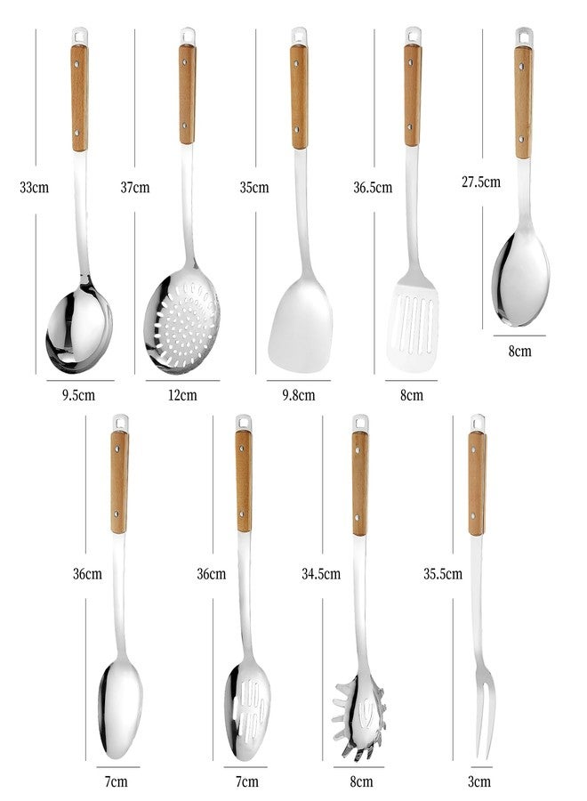 Lazycorner 9pcs Cooking Utensils Set 304 Stainless Steel Kitchen Utensils with Wooden Hanlde Metal Kitchen Utensils Soup Ladle Set Dishwasher Safe Kitchen Essentials Set Kitchen Tool Set, Dishwasher Safe - Image 2