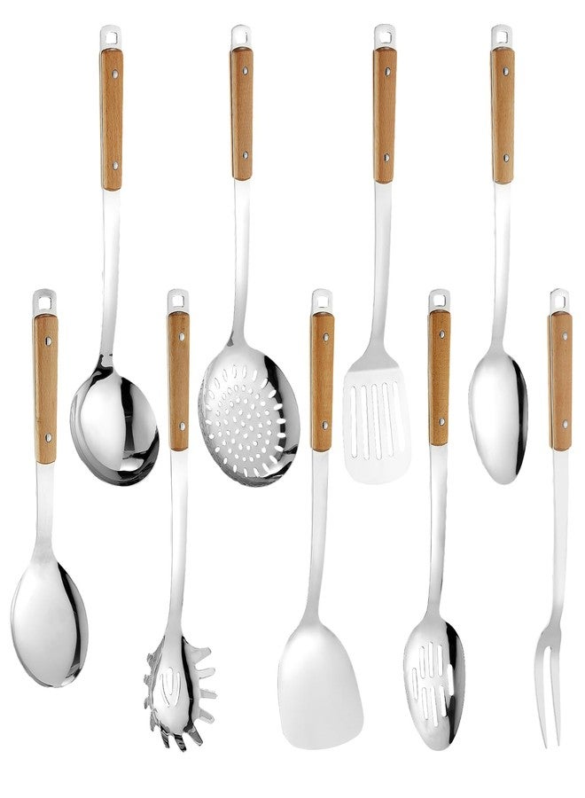 Lazycorner 9pcs Cooking Utensils Set 304 Stainless Steel Kitchen Utensils with Wooden Hanlde Metal Kitchen Utensils Soup Ladle Set Dishwasher Safe Kitchen Essentials Set Kitchen Tool Set, Dishwasher Safe - Image 1