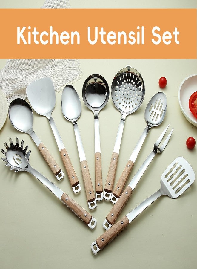 Lazycorner 9pcs Cooking Utensils Set 304 Stainless Steel Kitchen Utensils with Wooden Hanlde Metal Kitchen Utensils Soup Ladle Set Dishwasher Safe Kitchen Essentials Set Kitchen Tool Set, Dishwasher Safe - Image 4