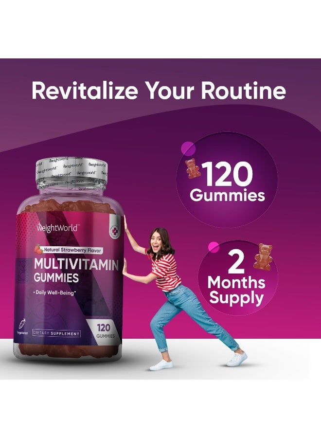 WeightWorld جواهر متعددة الفيتامينات للرجال والنساء - 120 جواهر نباتية متعددة الفيتامينات (إمداد لمدة شهرين) - الفيتامينات والمعادن والعناصر الغذائية الأساسية للرفاهية اليومية - نكهة الفراولة الطبيعية - Image 2