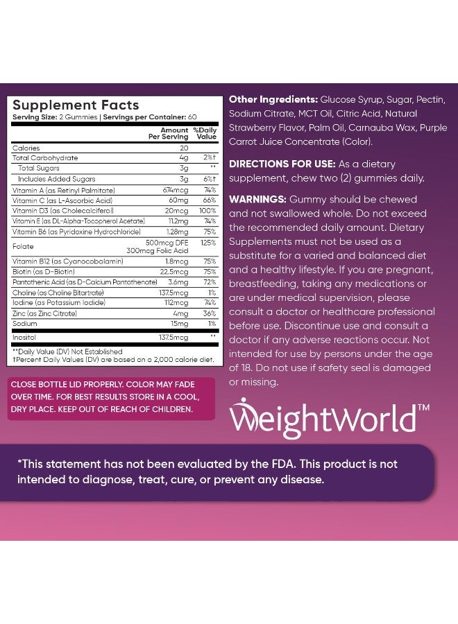WeightWorld جواهر متعددة الفيتامينات للرجال والنساء - 120 جواهر نباتية متعددة الفيتامينات (إمداد لمدة شهرين) - الفيتامينات والمعادن والعناصر الغذائية الأساسية للرفاهية اليومية - نكهة الفراولة الطبيعية - Image 5