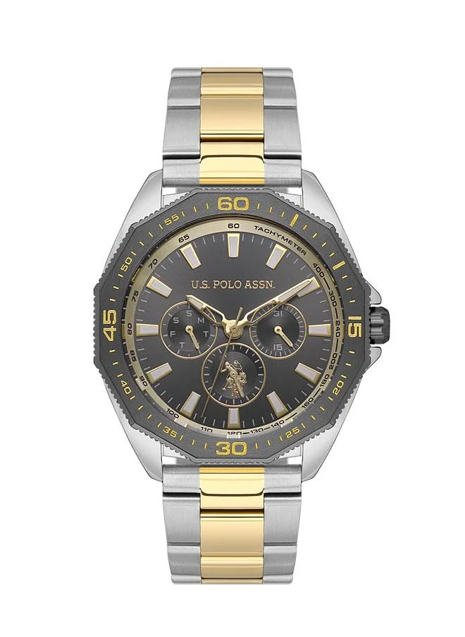 يو اس بولو اسن U.S. Polo Assn. Crossing Men’s 43mm Watch with Gun Metal Dial, Chronograph & Two-Tone Gold Silver Band, Bold Statement Design