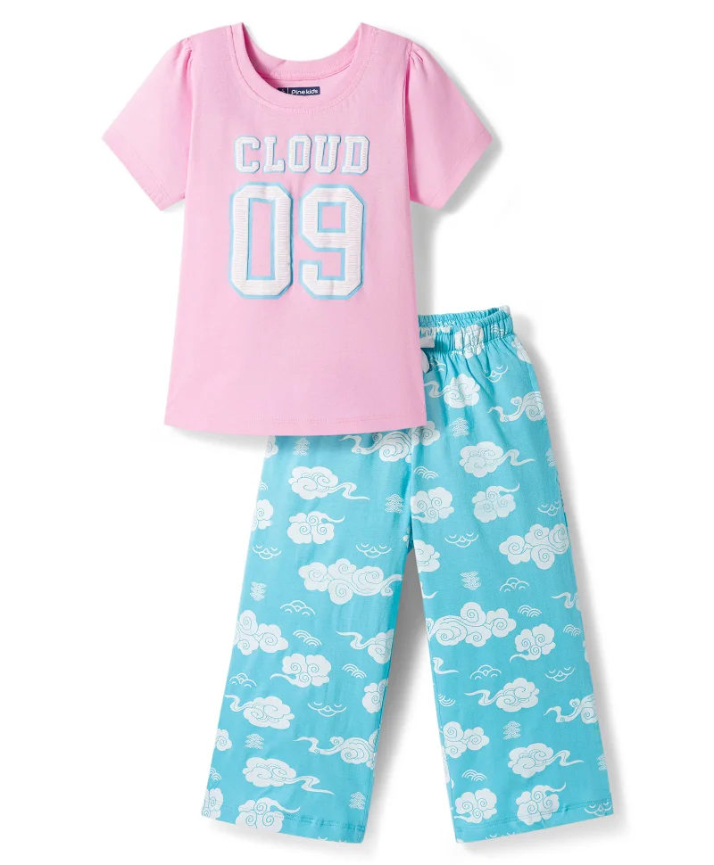 Pine Kids Pine Kids Cotton Knit Half Sleeves Night Suit With Text Print - Pink & Light Blue