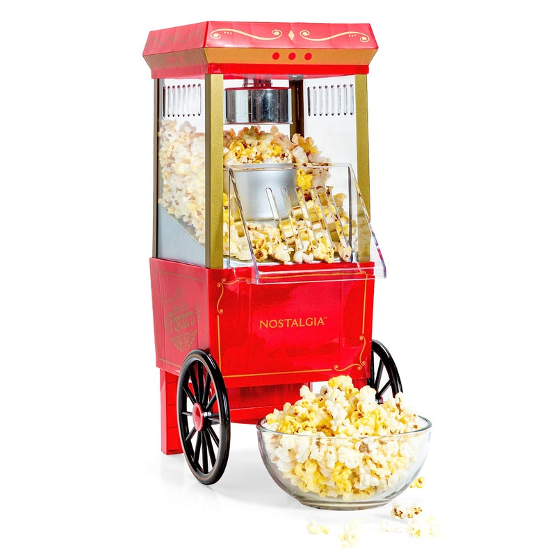 Nostalgia Vintage HotAir Popcorn Maker Machine  Makes Up to 12 Cups  OilFree  Healthier Popcorn  Classic StandUp Cart With Wheels  Includes Kernel Measuring Cup  Red