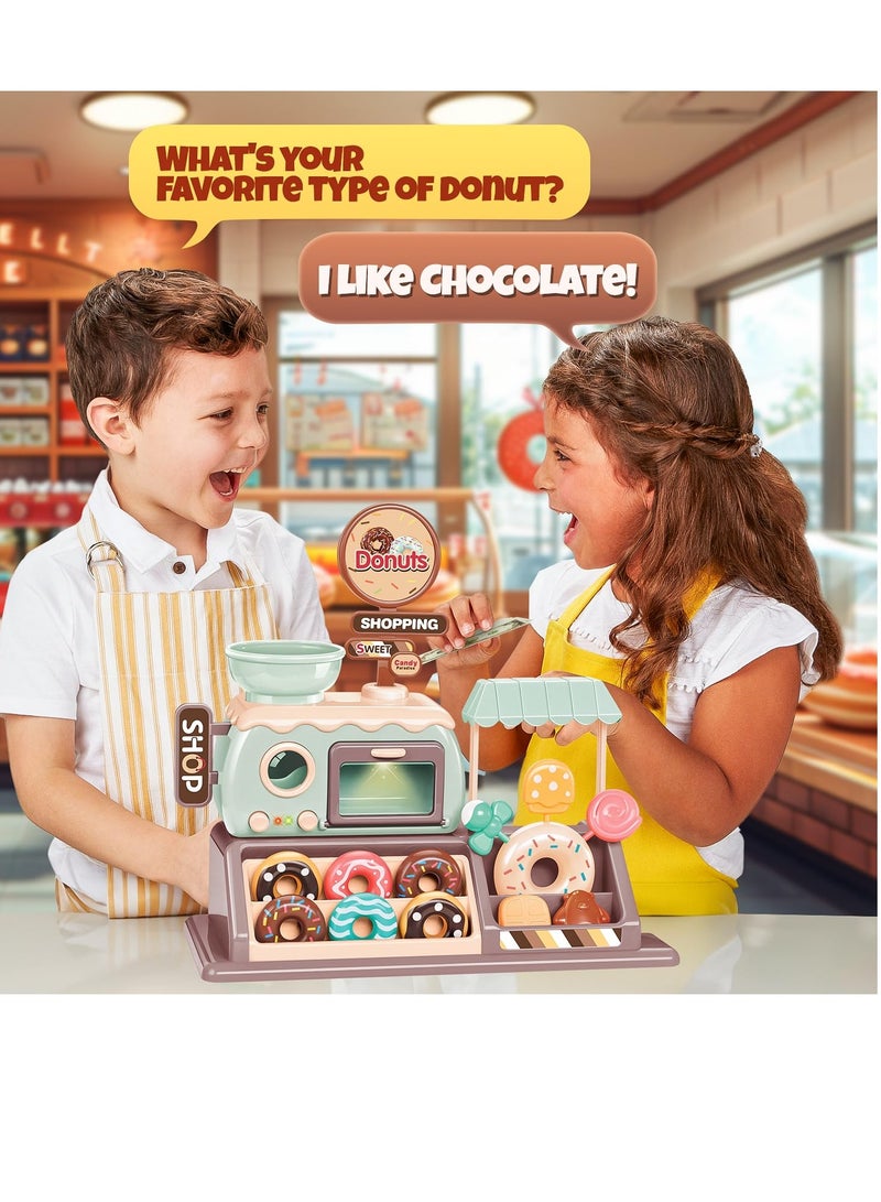 Excefore Pretend Play Cash Register Toy Set Supermarket Vending Machine with Play Money, Sound and Credit Card Play Food Sets for Kids Kitchen with Donut Warm Lights and Music Gift for Boys Girls Ages 3+ - Image 2