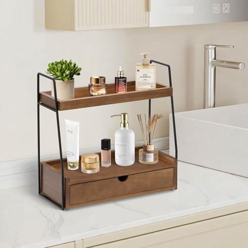 dreampossible 2-Tier Bathroom Organizer Countertop with Drawer, Wood Counter Organizer for Bathroom Decor, Sink Shelf for Vanity Storage, Makeup Tray for Perfume Skincare, Spice Rack Bedroom Kitchen Corner - Image 3