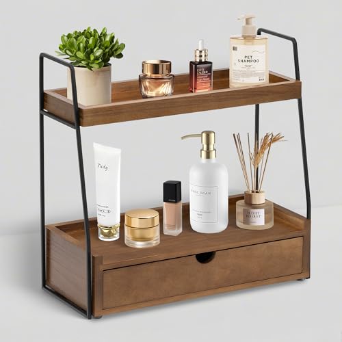 dreampossible 2-Tier Bathroom Organizer Countertop with Drawer, Wood Counter Organizer for Bathroom Decor, Sink Shelf for Vanity Storage, Makeup Tray for Perfume Skincare, Spice Rack Bedroom Kitchen Corner - Image 1