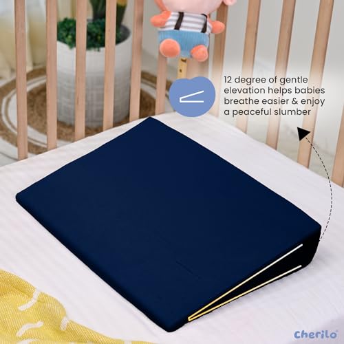 Cherilo Half Size Elevated Wedge Pillow for Baby Crib & Mattress, Helps to Elevate Baby for Acid Reflux, Colic, GERD, Heat Burn & Vomiting -19" x 13.5" x 3" - with Removable Velvet Cover - Navy Blue - Image 3