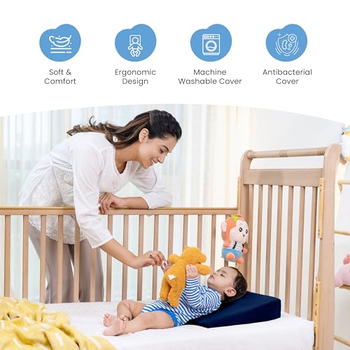 Cherilo Half Size Elevated Wedge Pillow for Baby Crib & Mattress, Helps to Elevate Baby for Acid Reflux, Colic, GERD, Heat Burn & Vomiting -19" x 13.5" x 3" - with Removable Velvet Cover - Navy Blue - Image 5