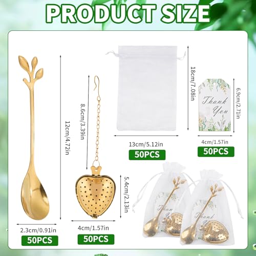 2 MULE TEAM 50 Sets Bridal Shower Tea Party Favor for Heart Shape Infuser Ball for Loose Guest Leaf Tea Spoon with Thank You Card Organza Bag Wedding Favors Tea Party Decorations Elegant Party Favors(Gold) - Image 5