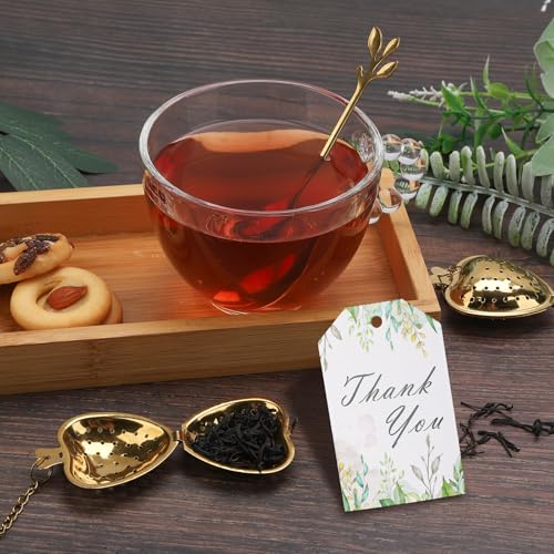 2 MULE TEAM 50 Sets Bridal Shower Tea Party Favor for Heart Shape Infuser Ball for Loose Guest Leaf Tea Spoon with Thank You Card Organza Bag Wedding Favors Tea Party Decorations Elegant Party Favors(Gold) - Image 3