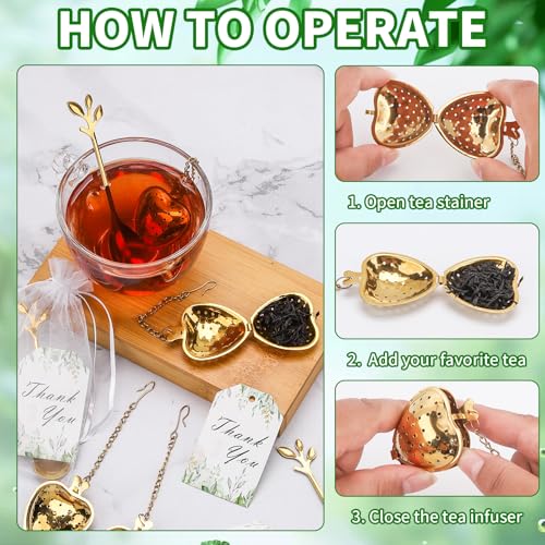 2 MULE TEAM 50 Sets Bridal Shower Tea Party Favor for Heart Shape Infuser Ball for Loose Guest Leaf Tea Spoon with Thank You Card Organza Bag Wedding Favors Tea Party Decorations Elegant Party Favors(Gold) - Image 4