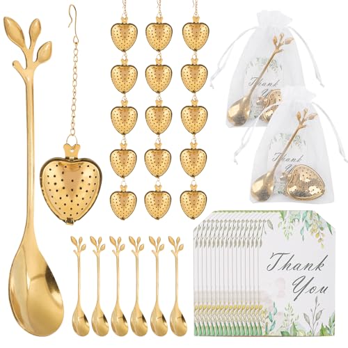2 MULE TEAM 50 Sets Bridal Shower Tea Party Favor for Heart Shape Infuser Ball for Loose Guest Leaf Tea Spoon with Thank You Card Organza Bag Wedding Favors Tea Party Decorations Elegant Party Favors(Gold) - Image 1