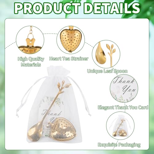 2 MULE TEAM 50 Sets Bridal Shower Tea Party Favor for Heart Shape Infuser Ball for Loose Guest Leaf Tea Spoon with Thank You Card Organza Bag Wedding Favors Tea Party Decorations Elegant Party Favors(Gold) - Image 2