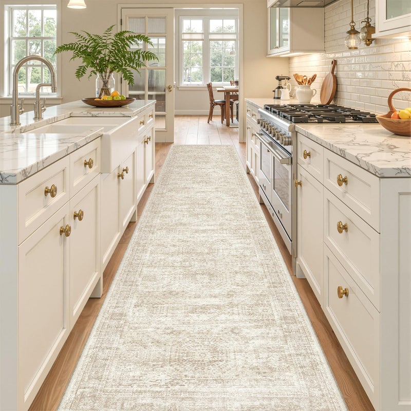 Restydon Long Bathroom Rugs Runner - Washable Runner Rugs for Hallway 2x10, Ultra-Thin Soft Kitchen Carpet Runner, Anti Slip Backing Runner Rugs for Entrance, Bedroom, Living Room(2'x10', Beige/Ivory) - Image 4