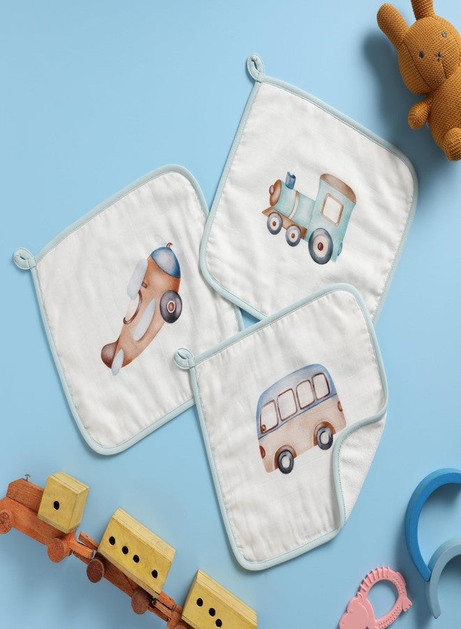 Cugo Baby Wash Cloth for New Born Washable, Reusable, Absorbent, Extra Soft Face Towels/Washcloth for Babies, Pack of 3 Pcs, (Little Voyagers) - Image 1