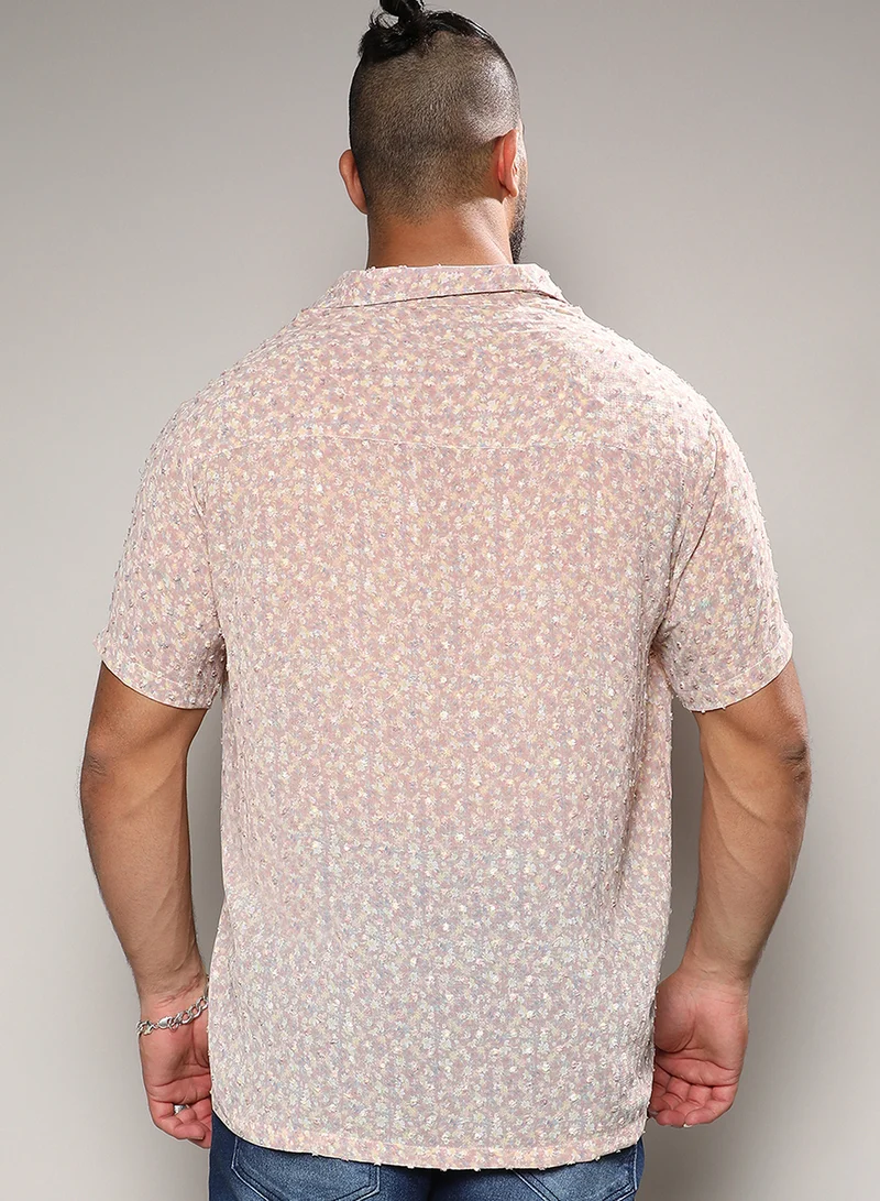 Instafab Plus Instafab Plus Men's Tan Brown Washed Flowers Shirt For Casual Wear | Cuban Collar | Short Regular Sleeves | Button Closure | Plus-Size Shirt Crafted With Comfort With For Everyday Wear