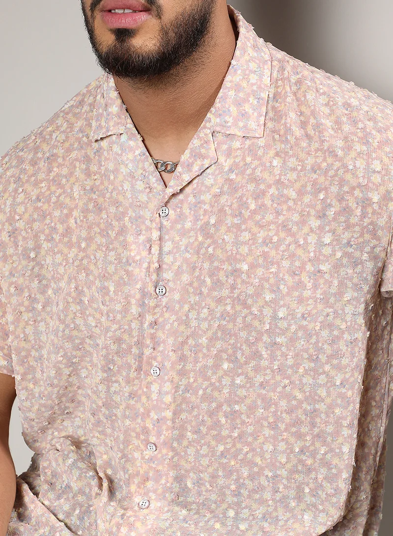 Instafab Plus Instafab Plus Men's Tan Brown Washed Flowers Shirt For Casual Wear | Cuban Collar | Short Regular Sleeves | Button Closure | Plus-Size Shirt Crafted With Comfort With For Everyday Wear