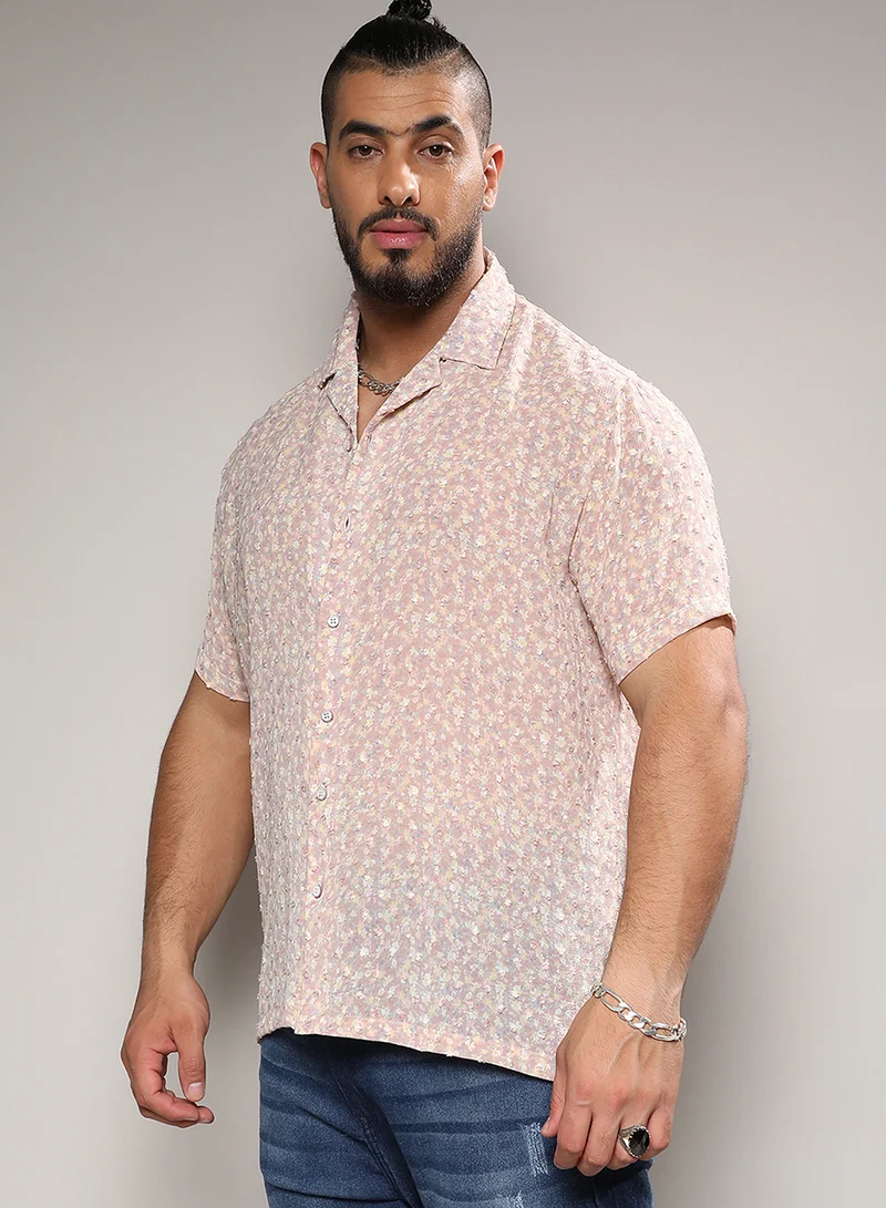 Instafab Plus Instafab Plus Men's Tan Brown Washed Flowers Shirt For Casual Wear | Cuban Collar | Short Regular Sleeves | Button Closure | Plus-Size Shirt Crafted With Comfort With For Everyday Wear