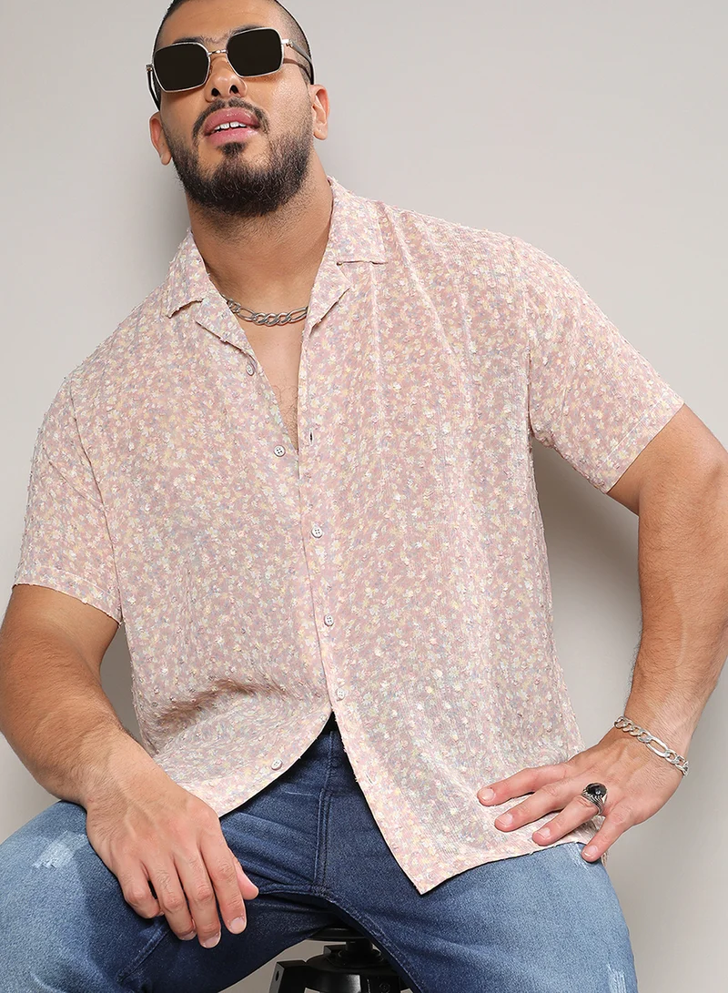 Instafab Plus Instafab Plus Men's Tan Brown Washed Flowers Shirt For Casual Wear | Cuban Collar | Short Regular Sleeves | Button Closure | Plus-Size Shirt Crafted With Comfort With For Everyday Wear