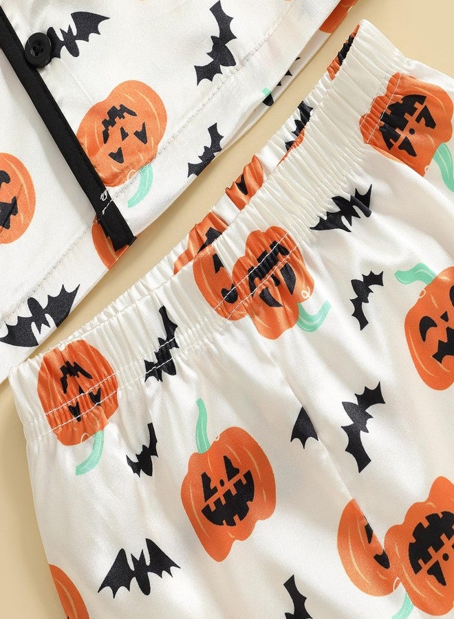 fyclemt Halloween Pajamas Baby Boy Girl Silk Pajamas Floral Pumpkin Ghost Long Sleeve Button Up Shirt Top Pants Toddler Pjs Sleepwear (Apricot Bat Pumpkin Print, 18-24 Months) - Image 5