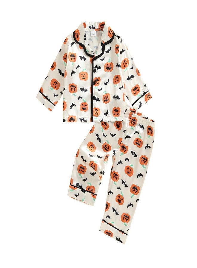 fyclemt Halloween Pajamas Baby Boy Girl Silk Pajamas Floral Pumpkin Ghost Long Sleeve Button Up Shirt Top Pants Toddler Pjs Sleepwear (Apricot Bat Pumpkin Print, 18-24 Months) - Image 1