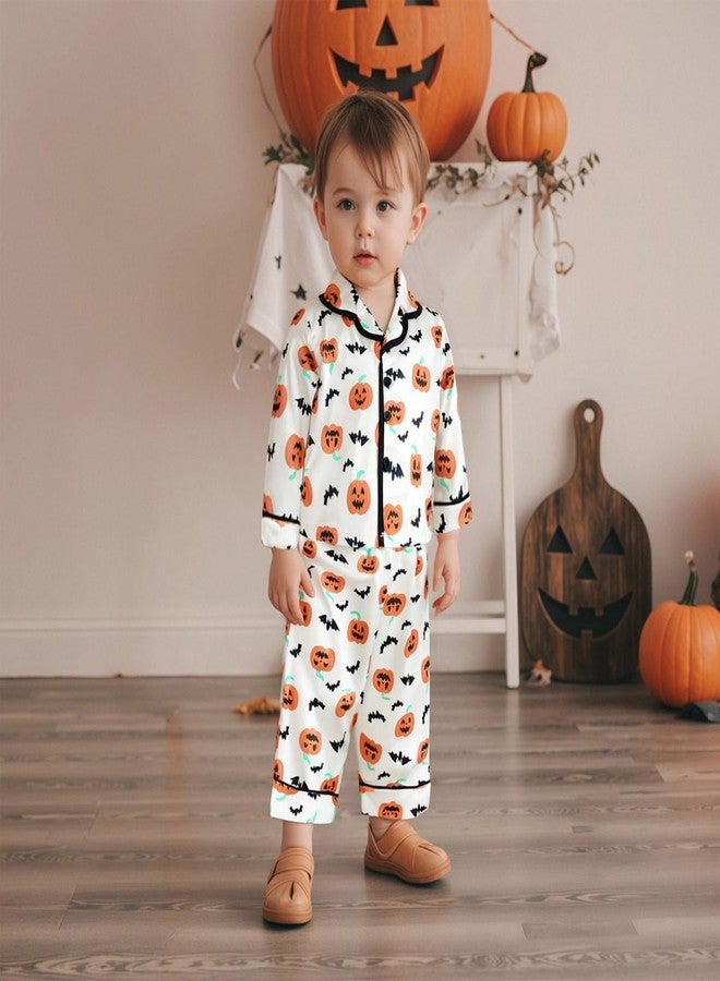 fyclemt Halloween Pajamas Baby Boy Girl Silk Pajamas Floral Pumpkin Ghost Long Sleeve Button Up Shirt Top Pants Toddler Pjs Sleepwear (Apricot Bat Pumpkin Print, 18-24 Months) - Image 3
