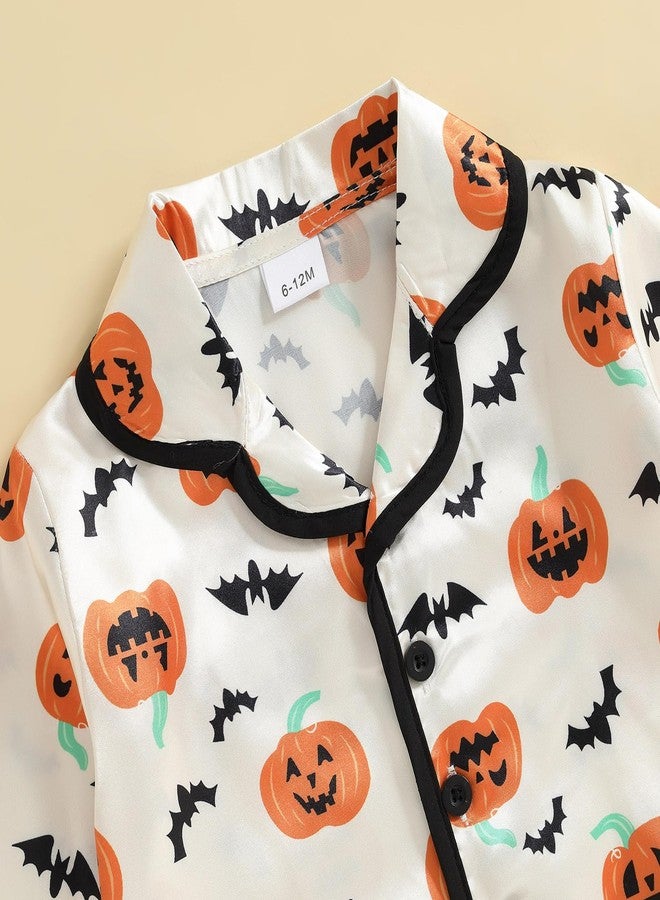 fyclemt Halloween Pajamas Baby Boy Girl Silk Pajamas Floral Pumpkin Ghost Long Sleeve Button Up Shirt Top Pants Toddler Pjs Sleepwear (Apricot Bat Pumpkin Print, 18-24 Months) - Image 4